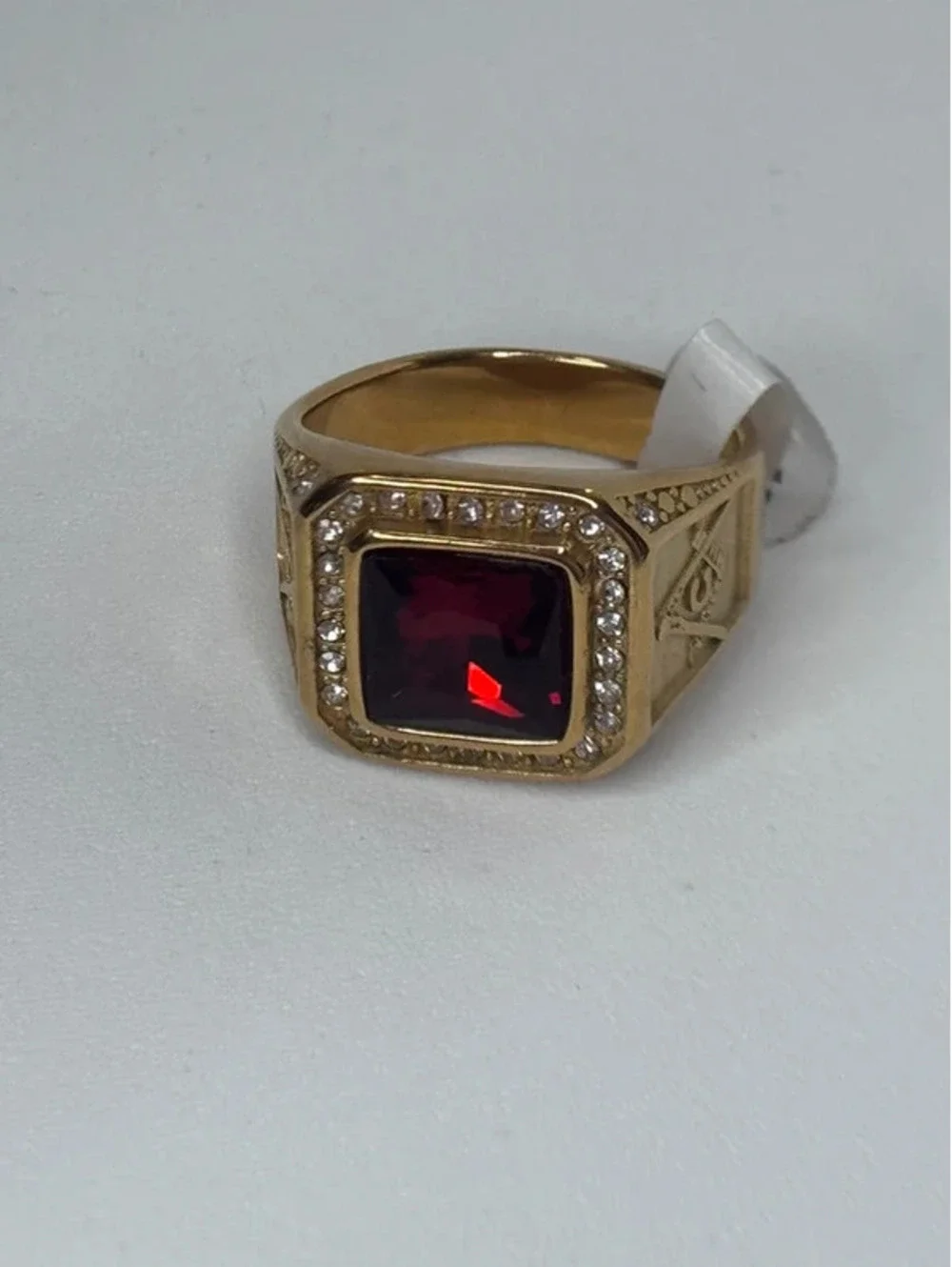 gold tone red CZ statement ring clear accents size 13
